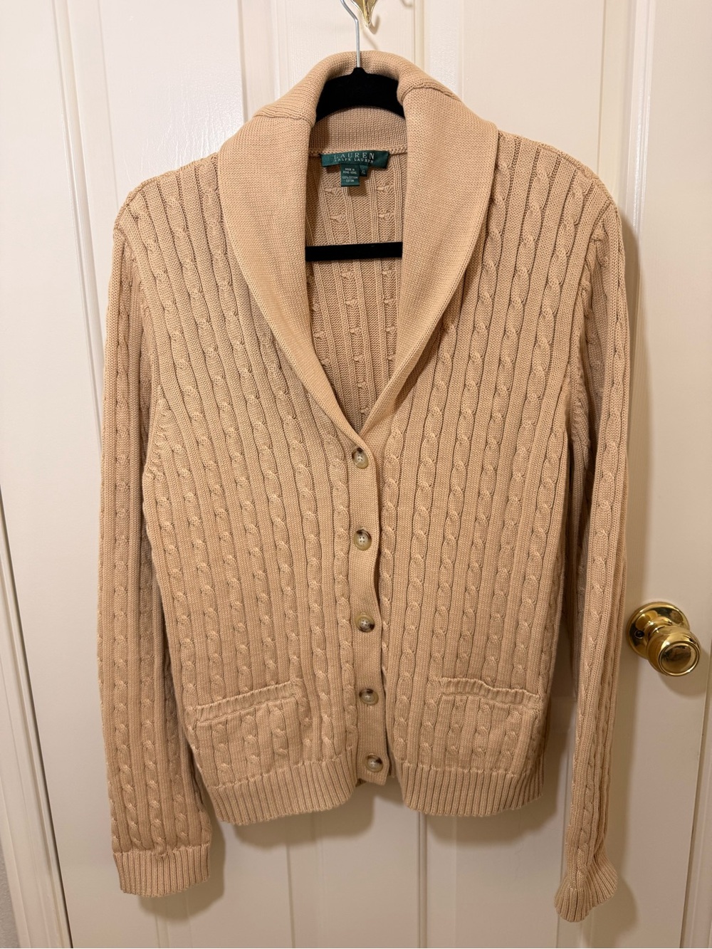 Ralph Lauren Beige Cable-Knit Shawl Collar Cardigan